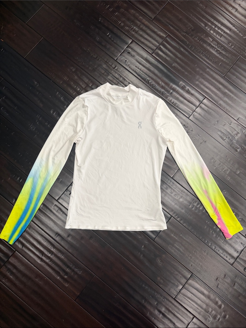 On Running White Long-Sleeve Top with Neon Blue, Yellow & Pink Sleeve Accents